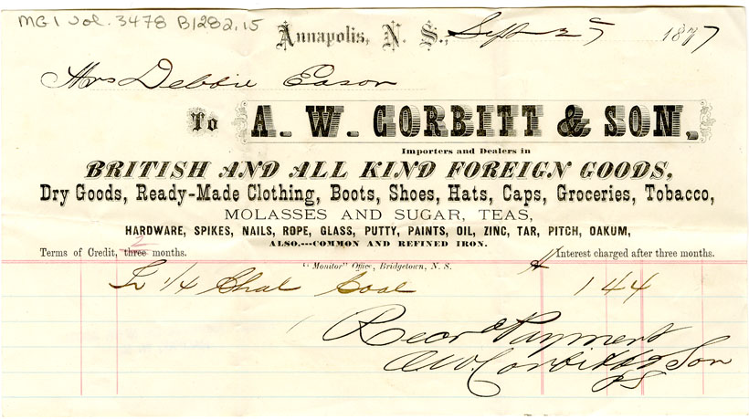 Easson : Account, Deborah Easson with A.W. Corbitt & Son, Annapolis