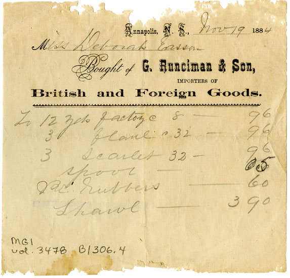 Easson : Account, Deborah Easson with G. Runciman & Son, Annapolis