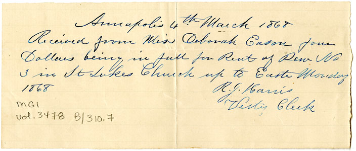 Easson : Receipt, R. J. Harris, Vestry Clerk