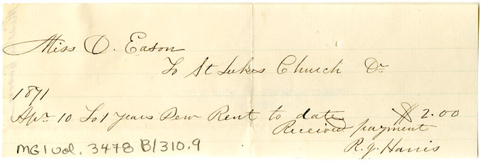 Easson : Receipt, R. J. Harris, Vestry Clerk