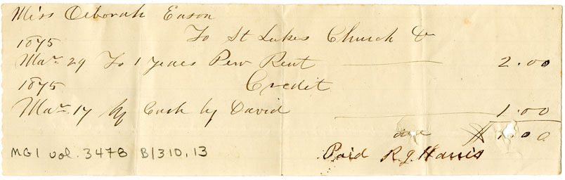 Easson : Receipt, R. J. Harris, Vestry Clerk