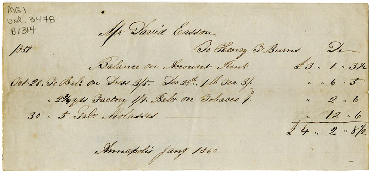 Easson : Account, David Easson with Henry F. Burns, Annapolis