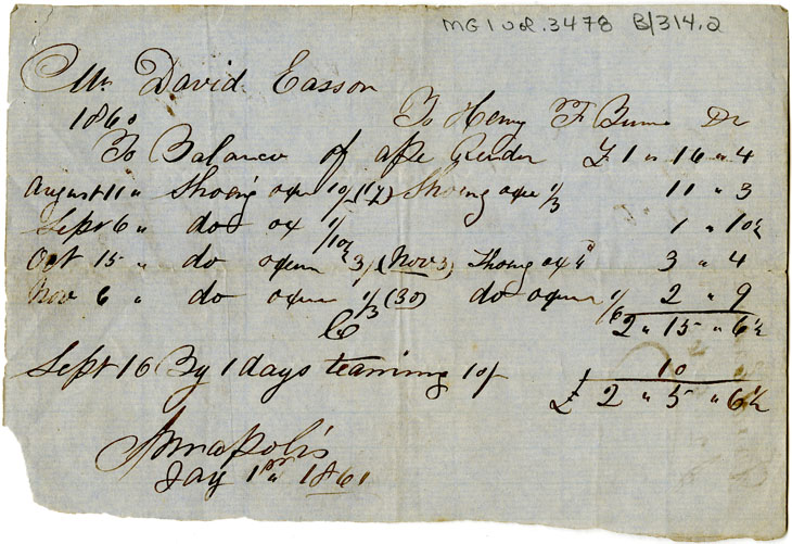 Easson : Account, David Easson with Henry F. Burns, Annapolis