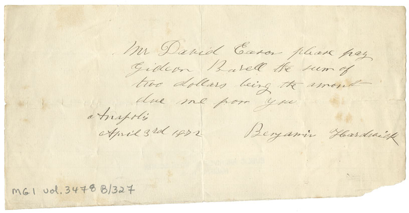 Easson : Note, Benjamin Hardwick to David Easson