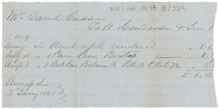 Easson : Account, David Easson with A. Henderson & Son, Annapolis