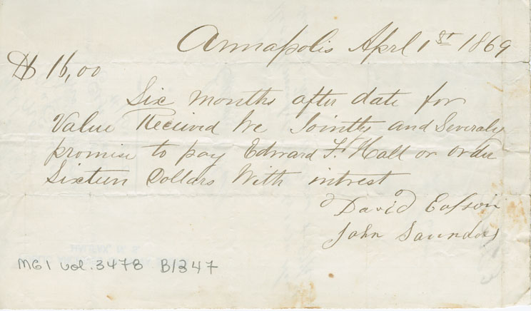 Easson : Promissory note, John Saunders and David Easson in favour of Edward F. Hall