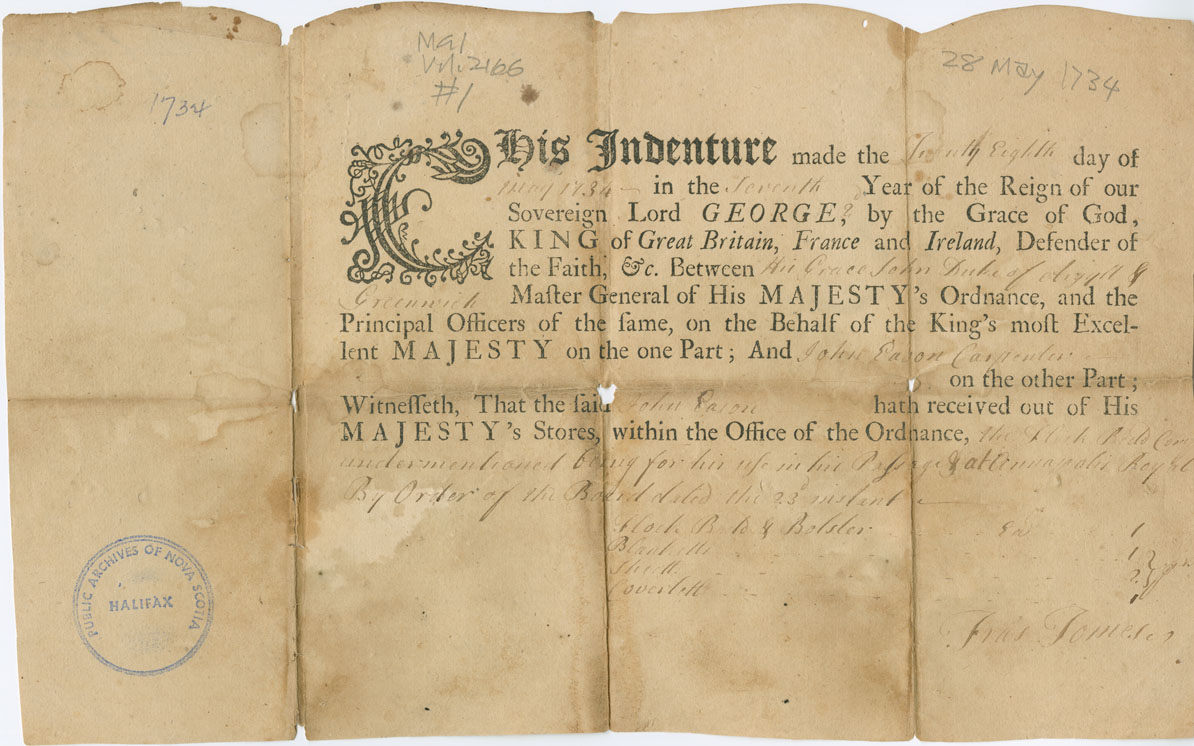 Easson : Indenture between His Grace John, Duke of Argyll & Greenwich, Master-General of HM Ordance, and John Easson, Carpenter