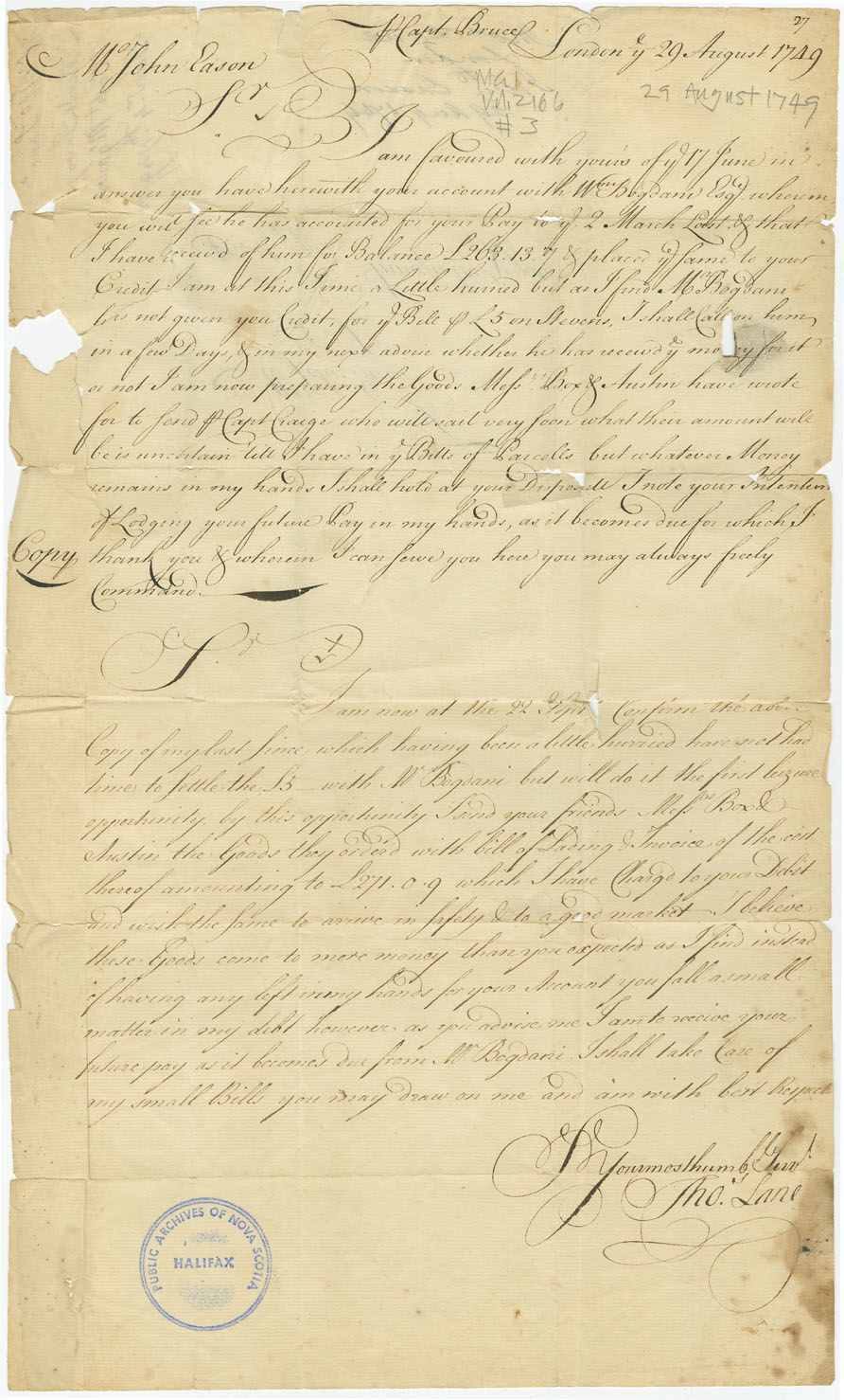 Easson : Letter, Thomas Lane, London, to John Easson