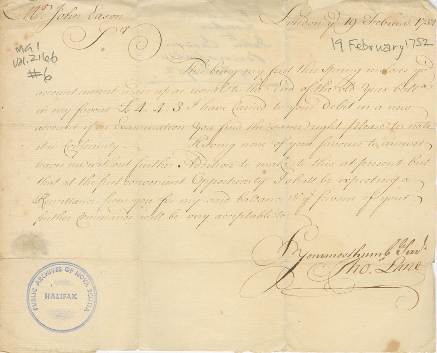 Easson : Letter, Thomas Lane, London, to John Easson