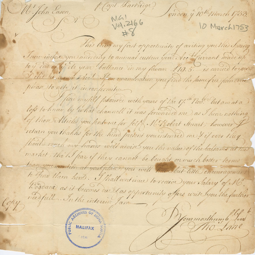 Easson : Letter, Thomas Lane, London, to John Easson