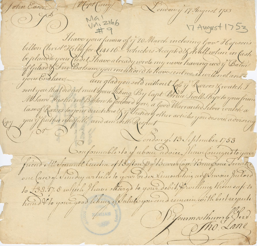 Easson : Letter, Thomas Lane, London, to John Easson