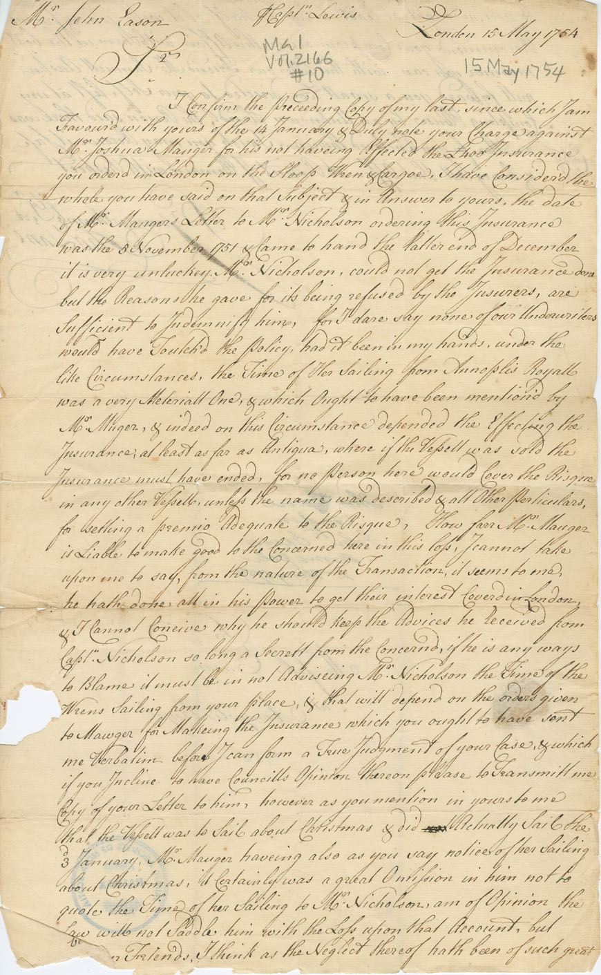 Easson : Letter, Thomas Lane, London, to John Easson