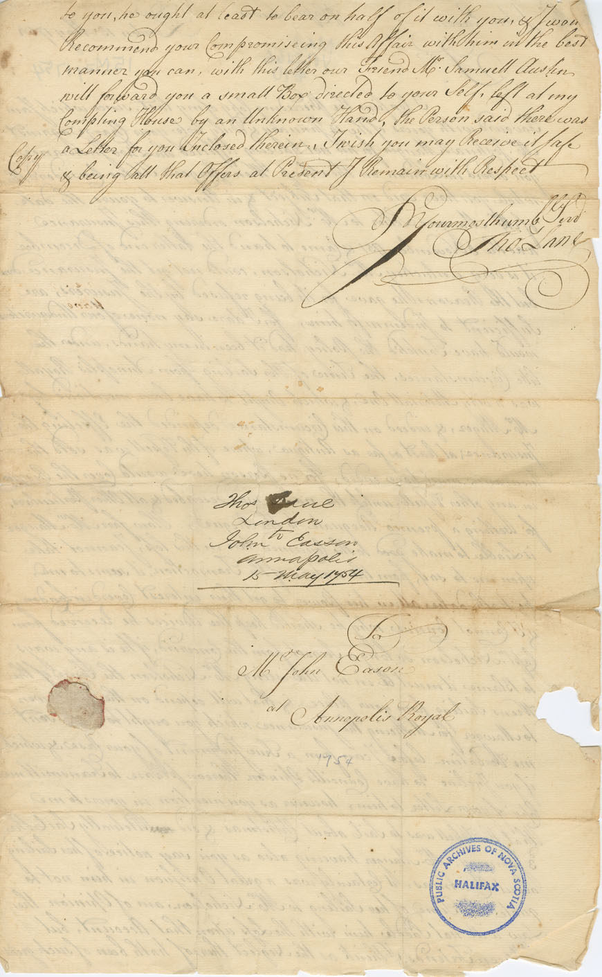 Easson : Letter, Thomas Lane, London, to John Easson