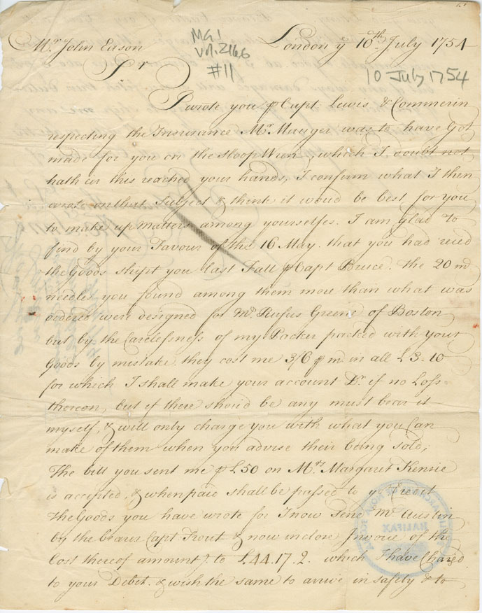 Easson : Letter, Thomas Lane, London, to John Easson