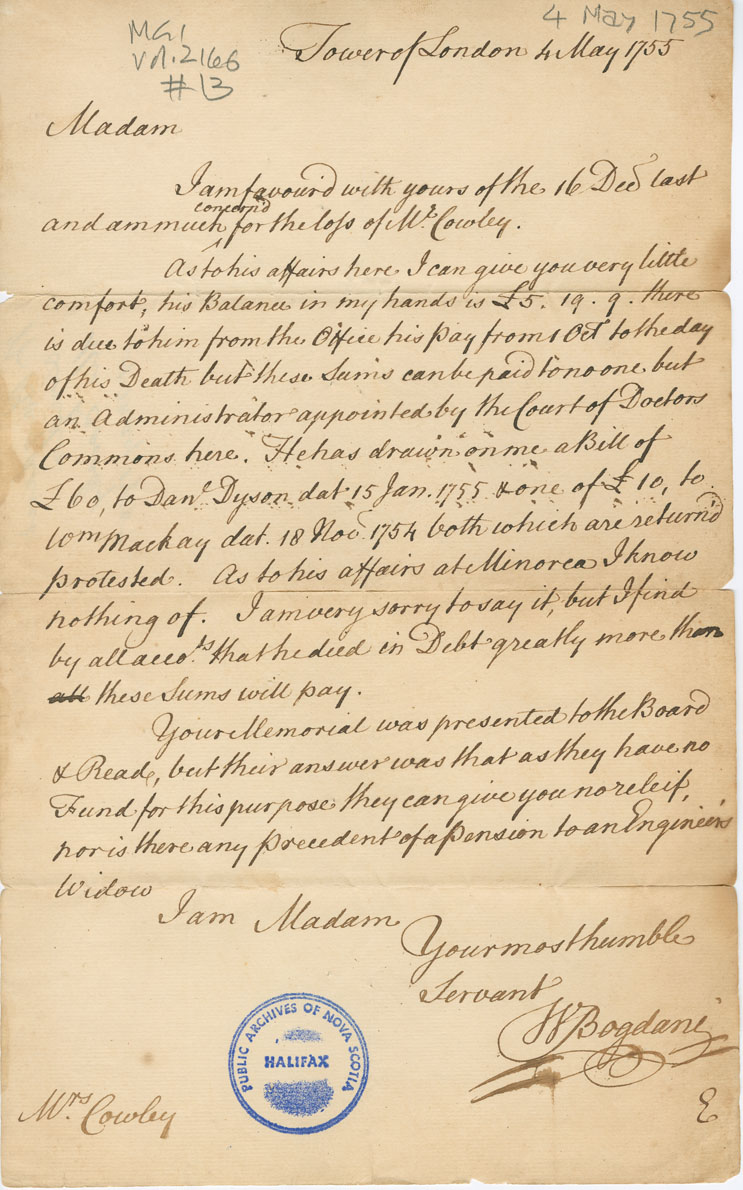 Easson : Letter, W. Bogdani, London, to Mrs. Cowley