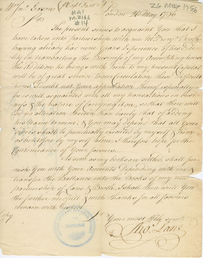 Easson : Letter, Thomas Lane, London, to John Easson