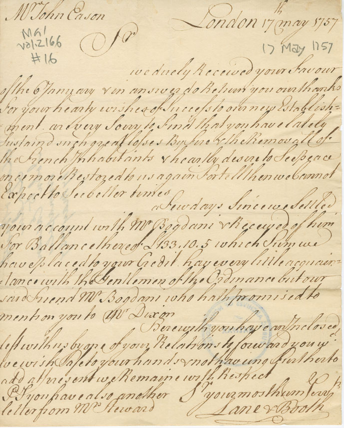 Easson : Letter, Lane & Booth, London, to John Easson