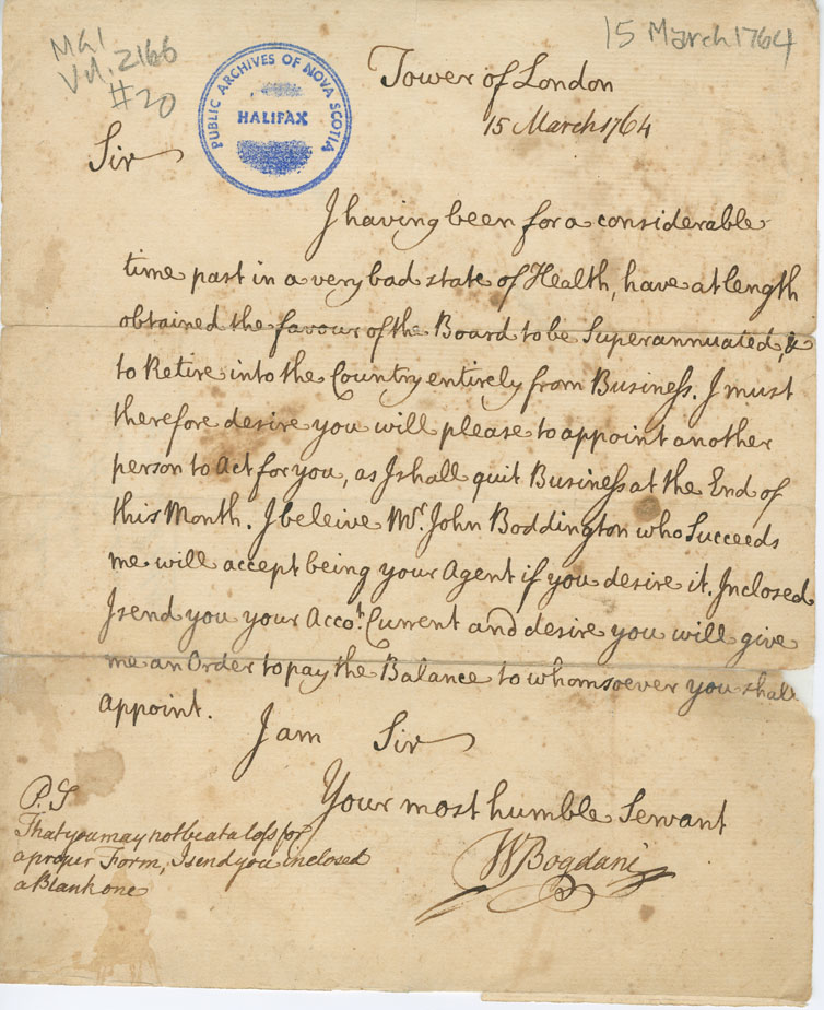 Easson : Letter, W. Bogdani, Tower of London, to John Easson