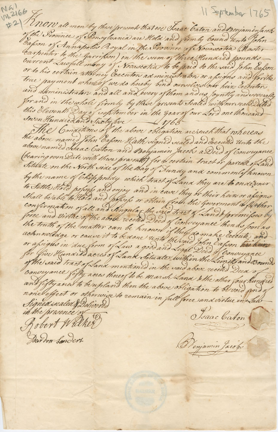 Easson : Bond, Isaac Caton and Benjamin Jacobs of Pennsylvania, to John Easson