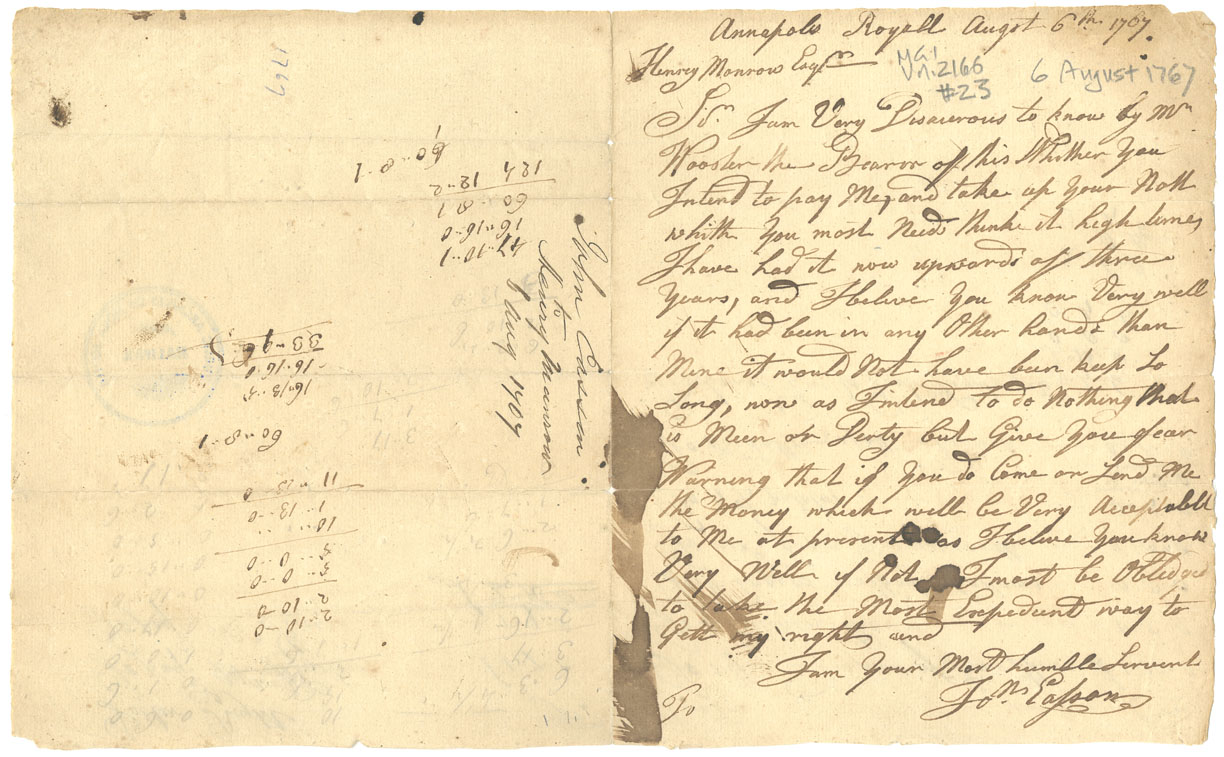 Easson : Letter, John Easson, Annapolis Royal, to Henry Monrow