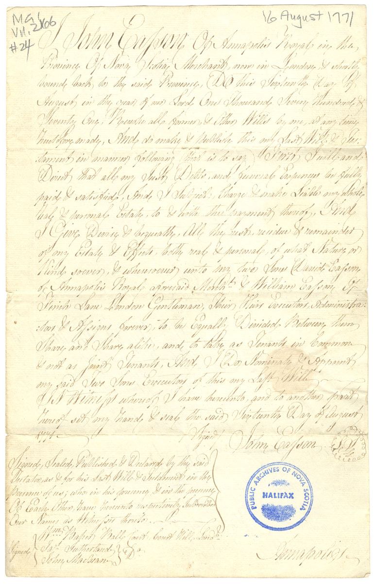 Easson : Last will and testament of John Easson, Annapolis Royal