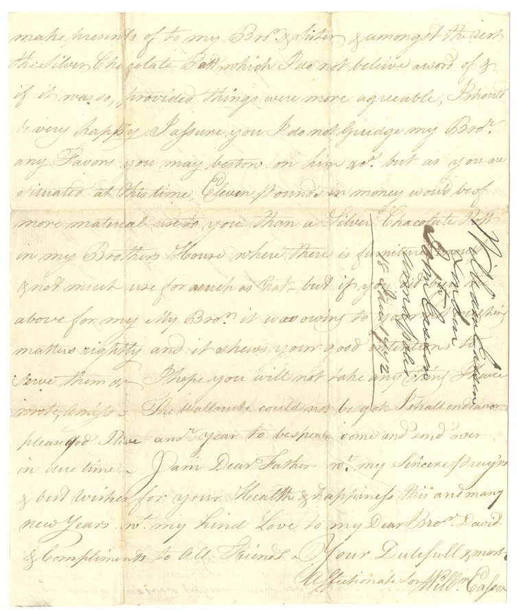 Easson : Letter, William Easson, London, to his father, John Easson