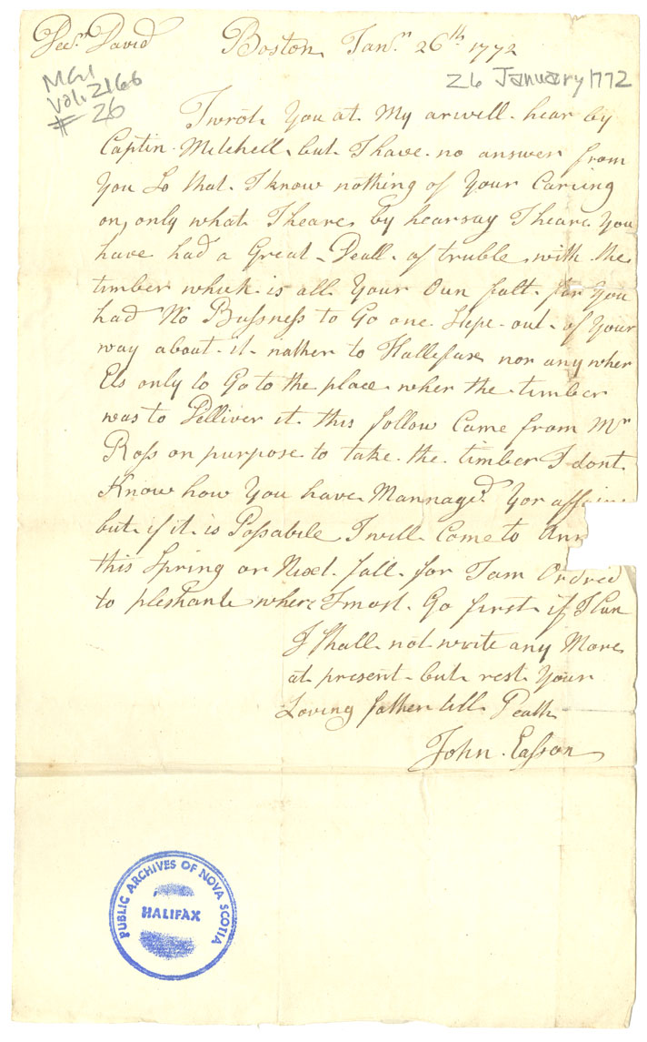 Easson : Letter, John Easson, Boston, to his son David Easson