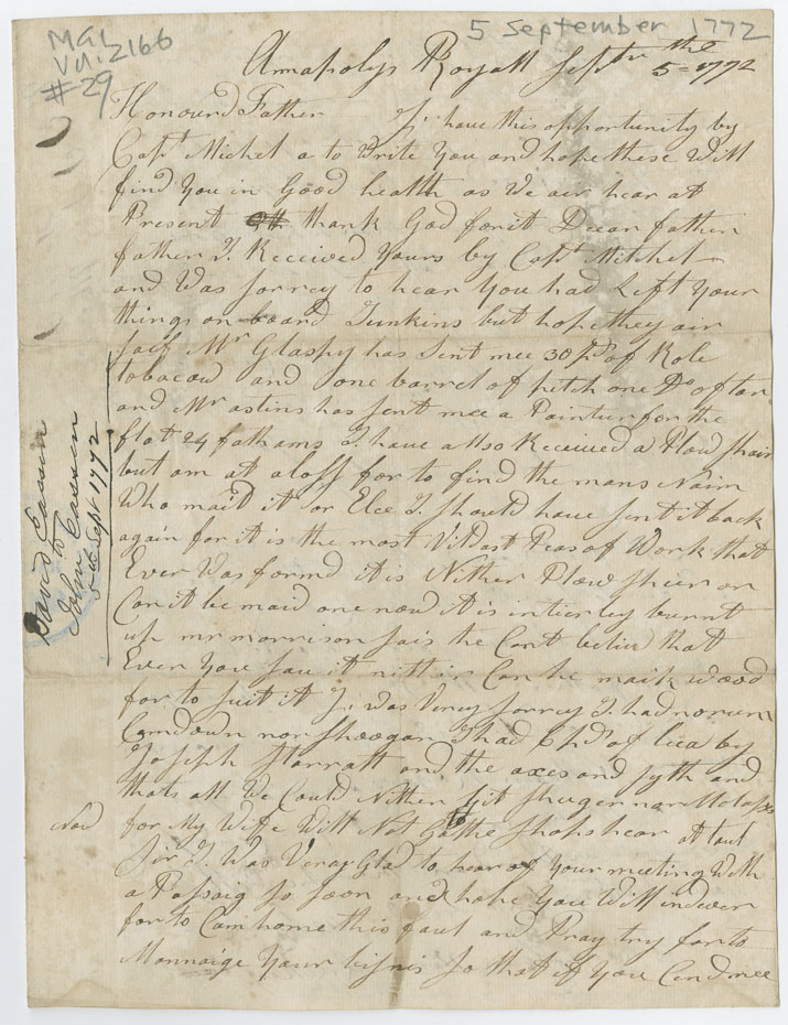 Easson : Letter, David Easson, Annapolis Royal, to his father, John Easson