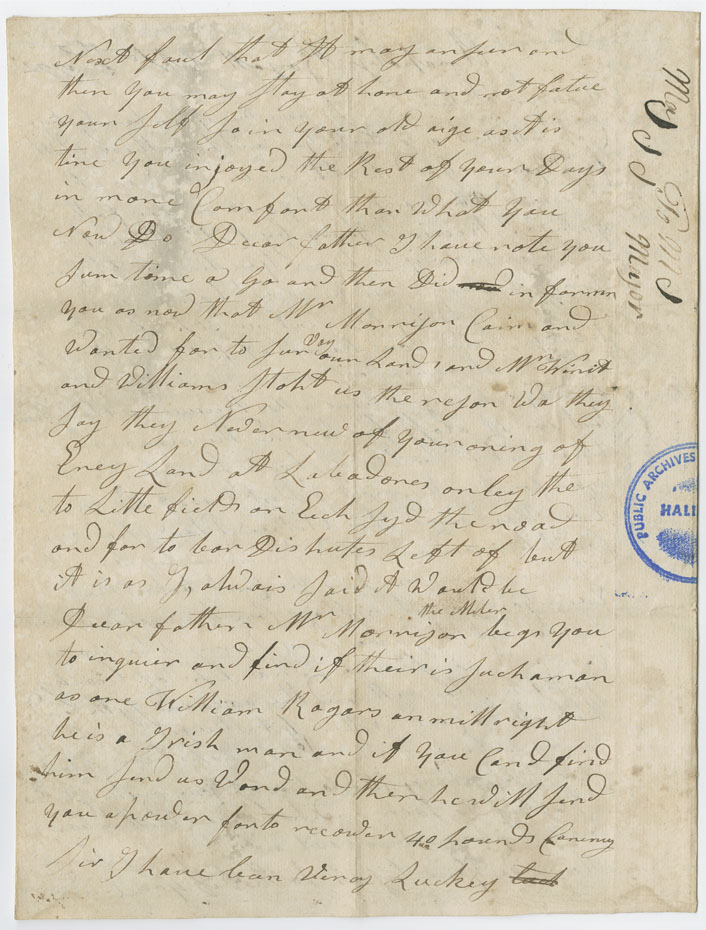 Easson : Letter, David Easson, Annapolis Royal, to his father, John Easson