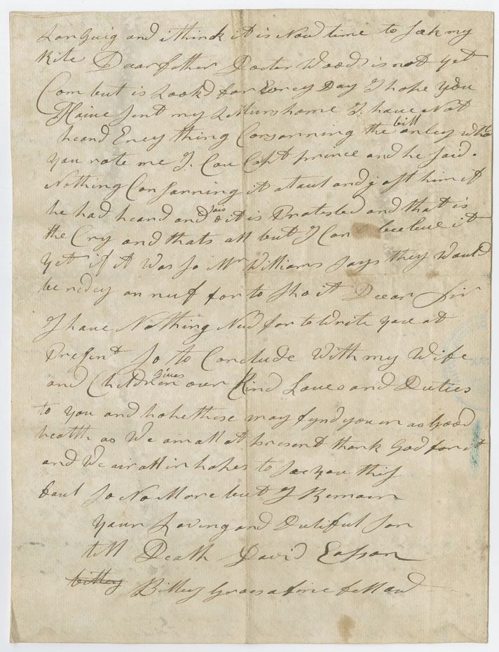 Easson : Letter, David Easson, Annapolis Royal, to his father, John Easson