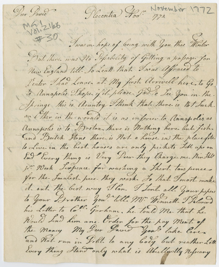 Easson : Letter, John Easson, Placentia, to his son, David Easson