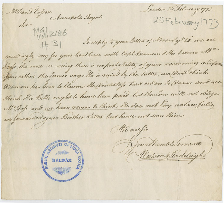 Easson : Letter, Watson & Rashleigh, London, to David Easson