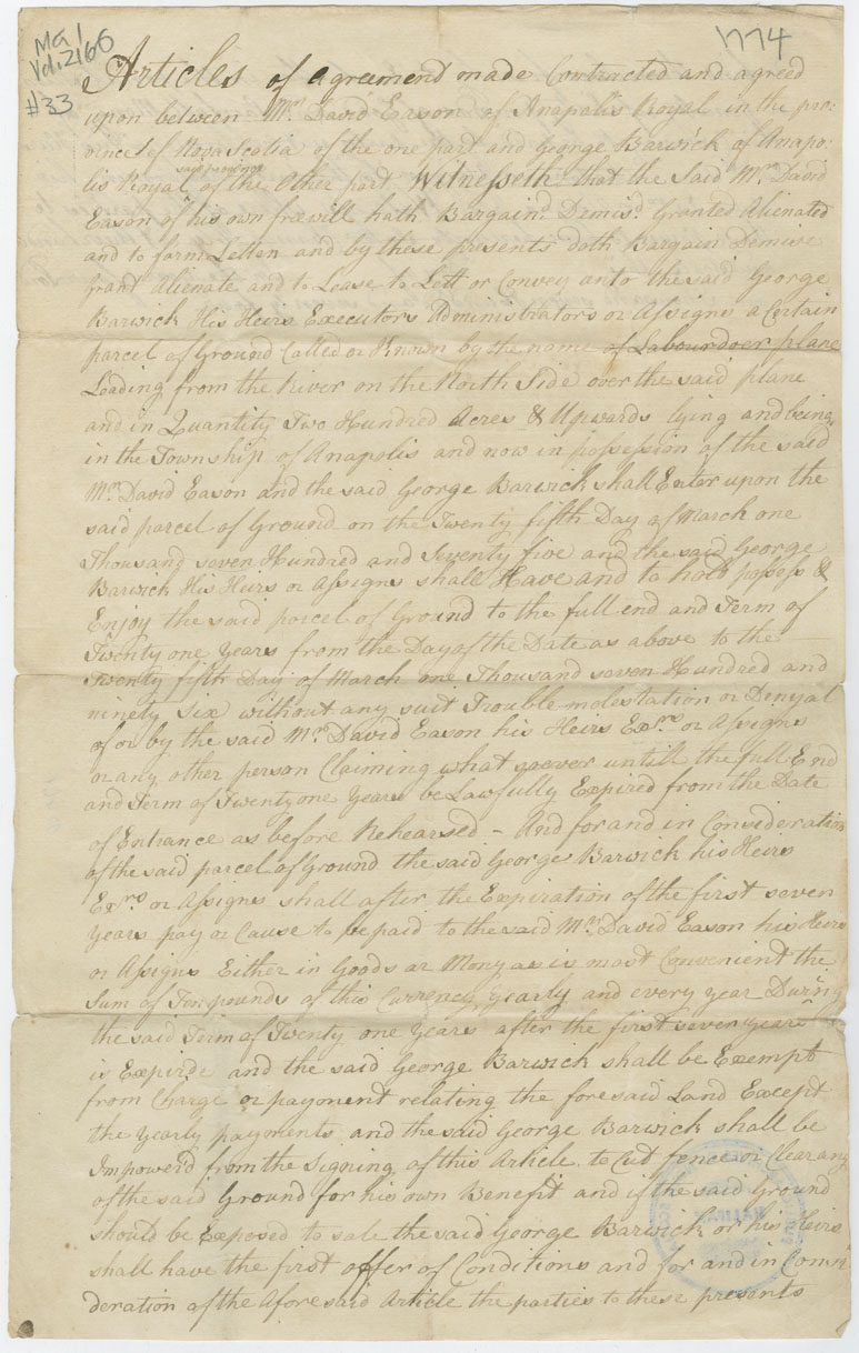 Easson : Articles of Agreement between David Easson and George Barwick, both of Annapolis Royal