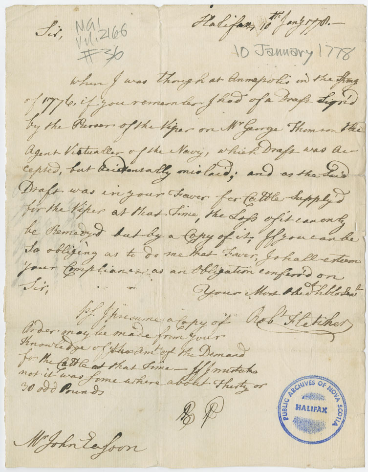 Easson : Letter, Robert Fletcher, Halifax, to John Easson