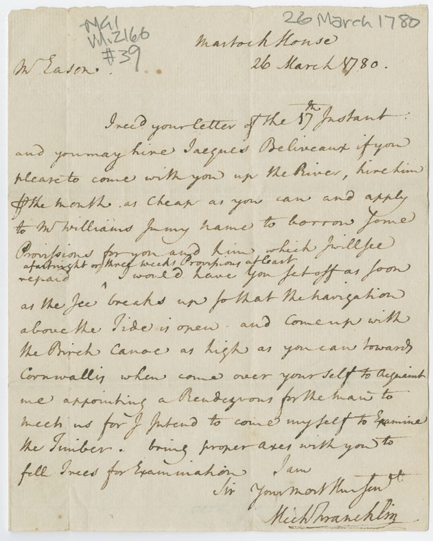 Easson : Letter, Michael Francklin, Martock House, to David Easson