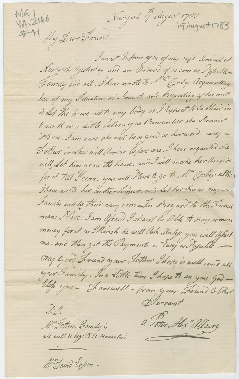 Easson : Letter, Peter Alexander Allaire, New York, to David Easson