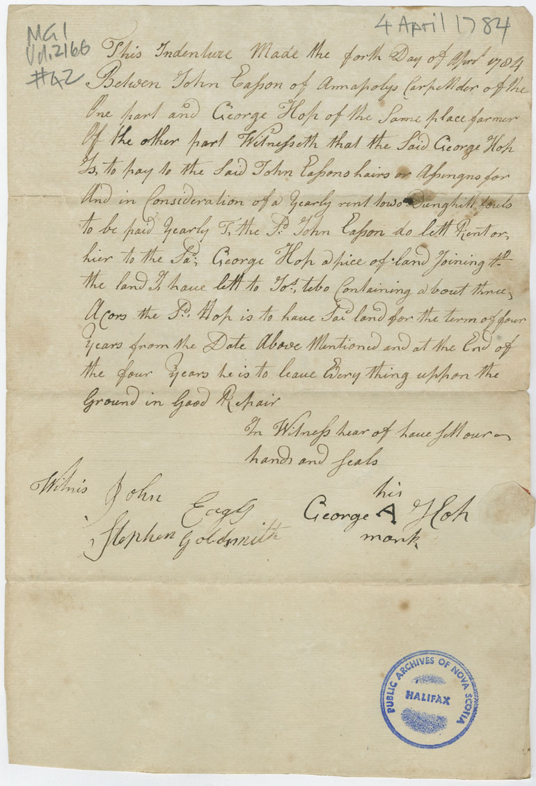 Easson : Indenture, John Easson, Carpenter, to George Hop, Farmer, both of Annapolis Royal