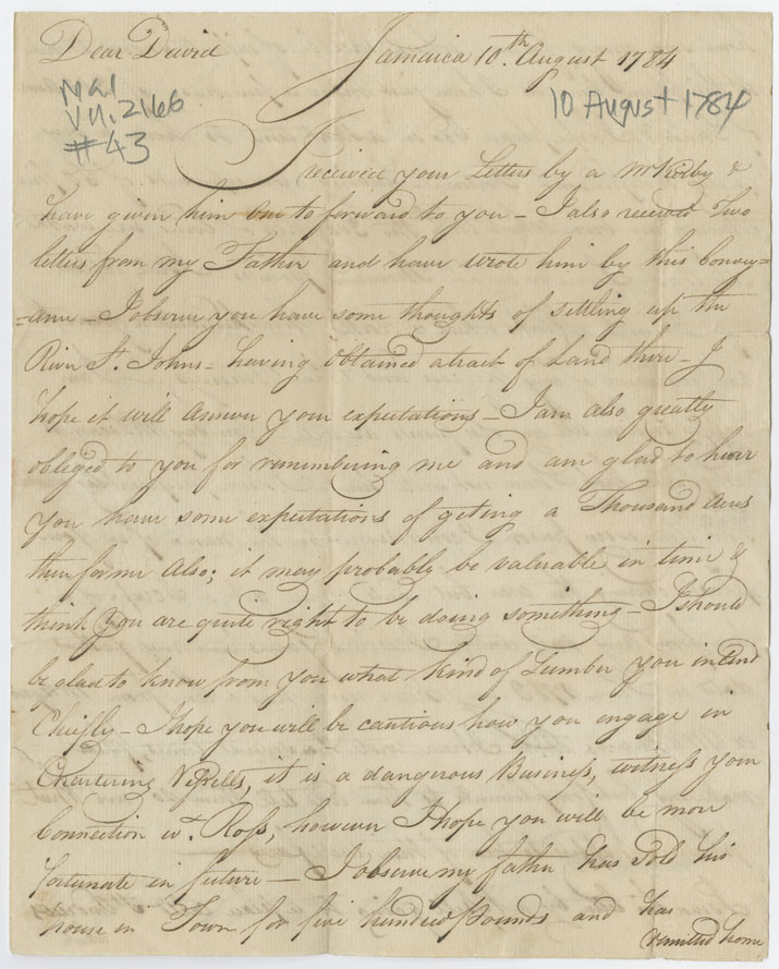 Easson : Letter, William Easson, Jamaica, to his brother, David Easson