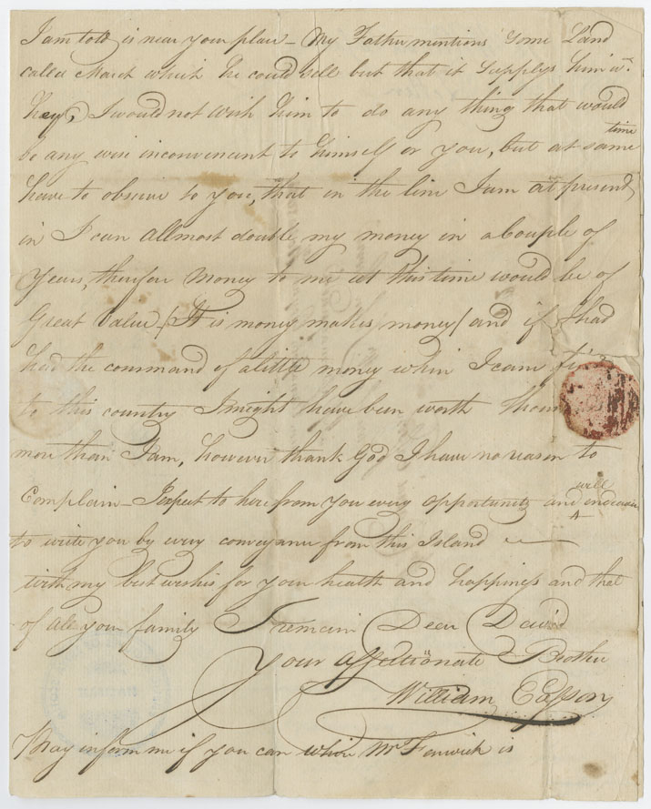 Easson : Letter, William Easson, Jamaica, to his brother, David Easson