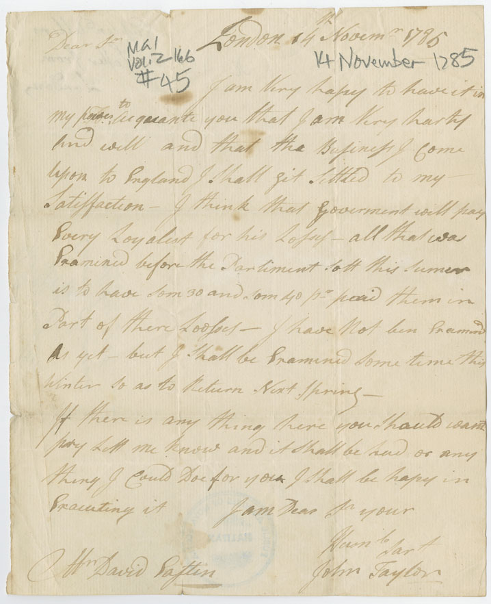 Easson : Letter, John Taylor, London, to David Easson