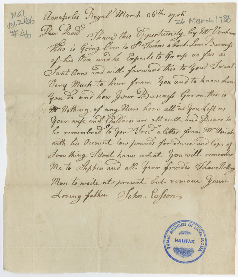 Easson : Letter, John Easson, Annapolis Royal, to his son, David Easson