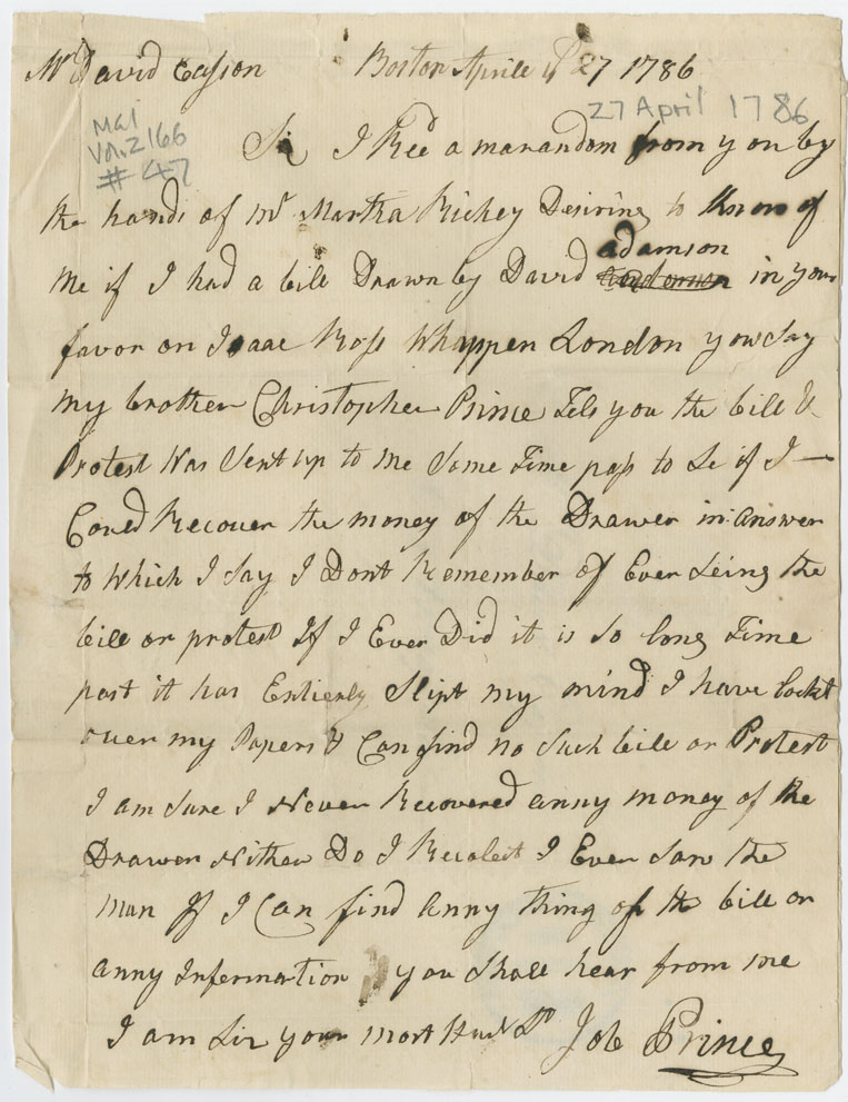 Easson : Letter, Job Prince, Boston, to David Easson