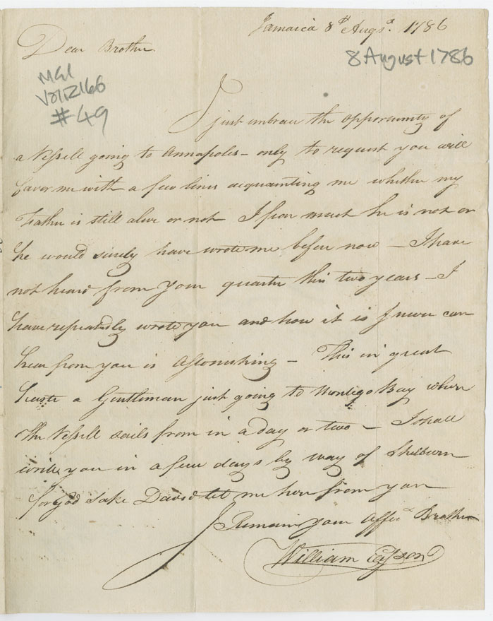 Easson : Letter, William Easson, Jamaica, to his brother, David Easson