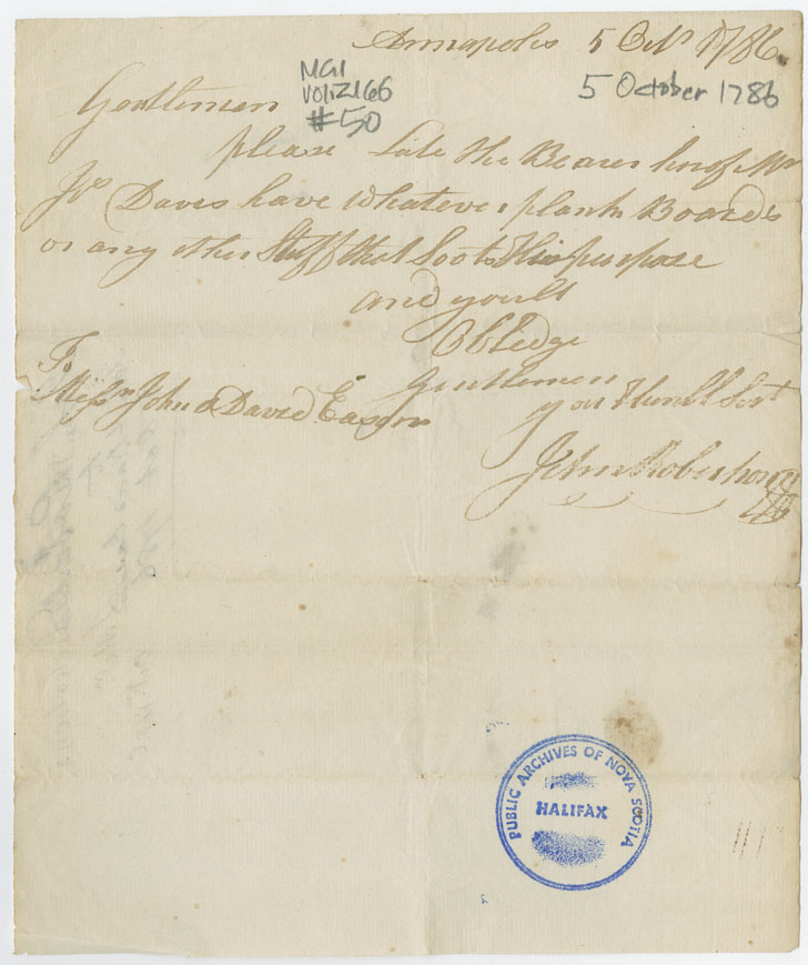 Easson : Letter, John Robertson, Annapolis Royal, to John and David Easson