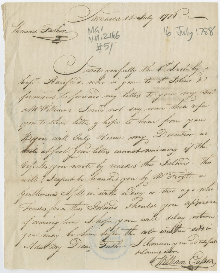 Easson : Letter, William Easson, Jamaica, to his father, John Easson