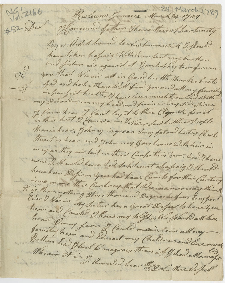 Easson : Letter, David Easson, Jamaica, to his father, John Easson