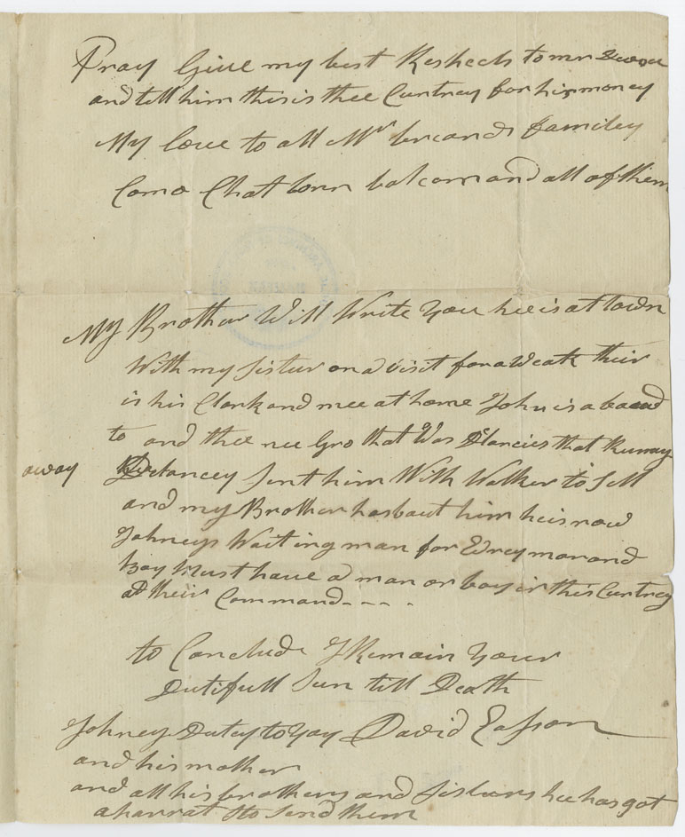 Easson : Letter, David Easson, Jamaica, to his father, John Easson