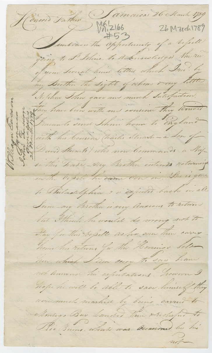 Easson : Letter, William Easson, Jamaica, to his father, John Easson