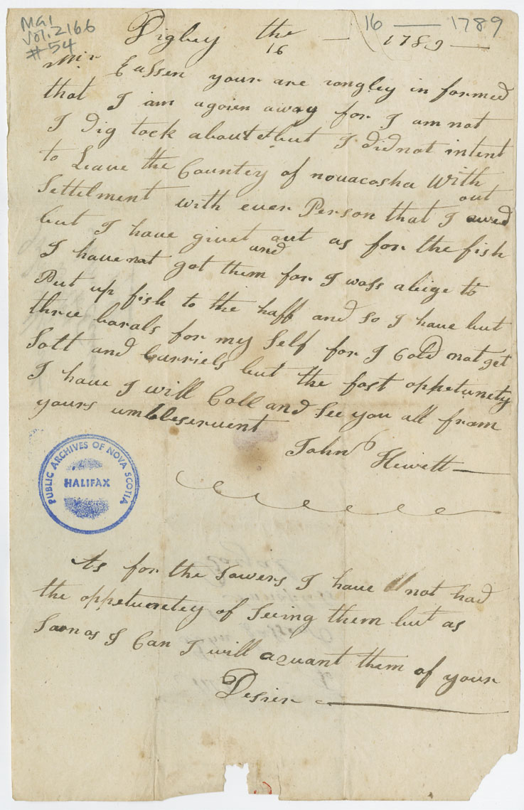 Easson : Letter, John Hewitt, Digby, to John Easson