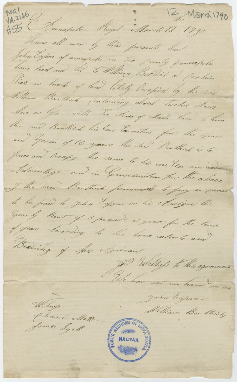 Easson : Indenture, John Easson, Annapolis Royal, to William Borthick